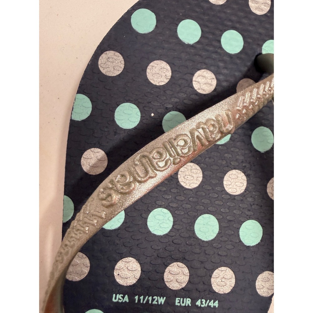 Havaianas 41/42 Slim Polka Dot Flip Flops Navy Blue Silver 11/12 women's new - Picture 2 of 5